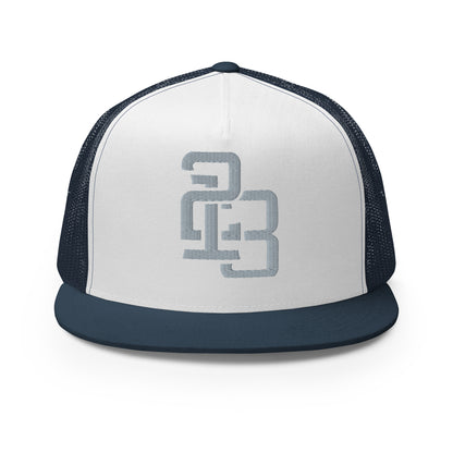"213" Five Panel Trucker Cap | Yupoong 6006 | E Luna CLASSIC Solocrest 1 Grey Thread Front Logo