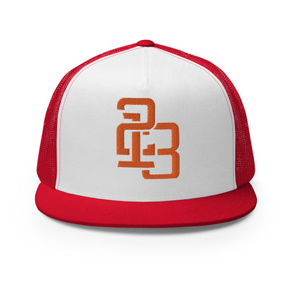 "213" Five Panel Trucker Cap | Yupoong 6006 | E Luna CLASSIC Solocrest 1 Orange Thread Front Logo