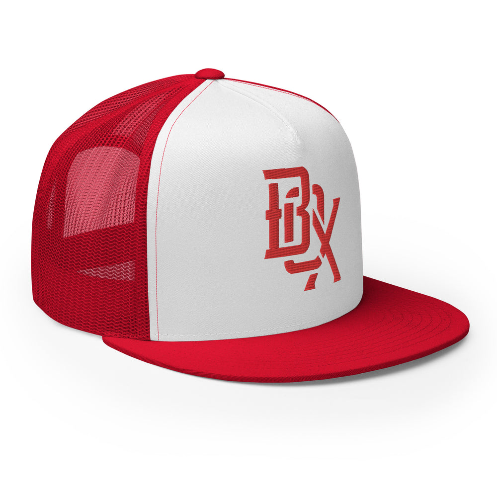 Gorra Trucker de Cinco Paneles "BOX" | Yupoong 6006 | E Luna CLASSIC Logotipo Frontal Solocrest con Hilo Rojo
