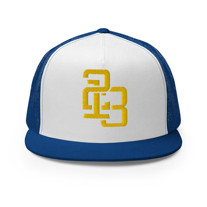 "213" Five Panel Trucker Cap | Yupoong 6006 | E Luna CLASSIC Solocrest 1 Gold Thread Front Logo