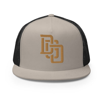 "DGO" Five Panel Trucker Cap | Yupoong 6006 | E Luna CLASSIC Solocrest 1 Old Gold Thread Logo