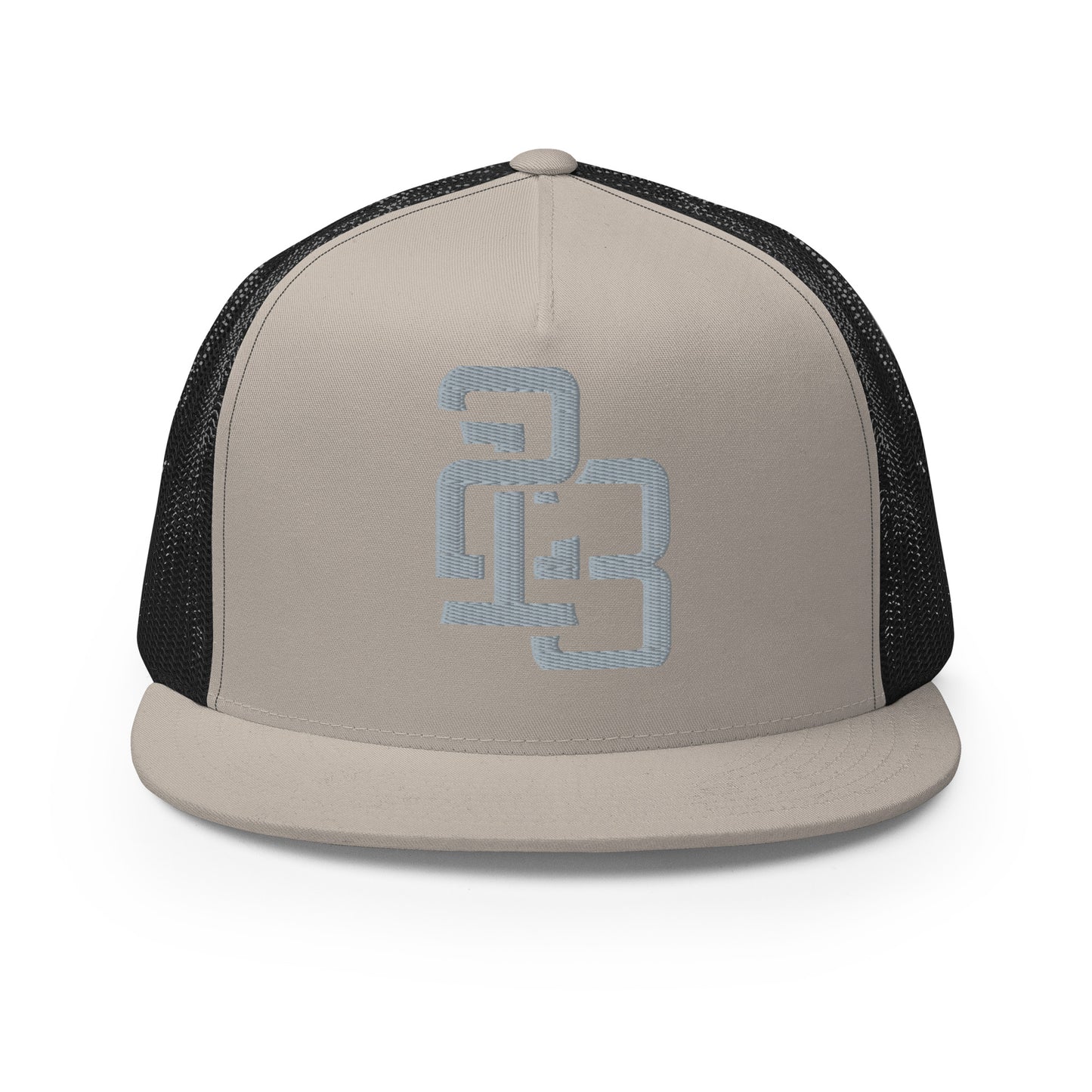 "213" Five Panel Trucker Cap | Yupoong 6006 | E Luna CLASSIC Solocrest 1 Grey Thread Front Logo