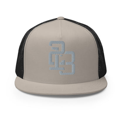 "213" Five Panel Trucker Cap | Yupoong 6006 | E Luna CLASSIC Solocrest 1 Grey Thread Front Logo