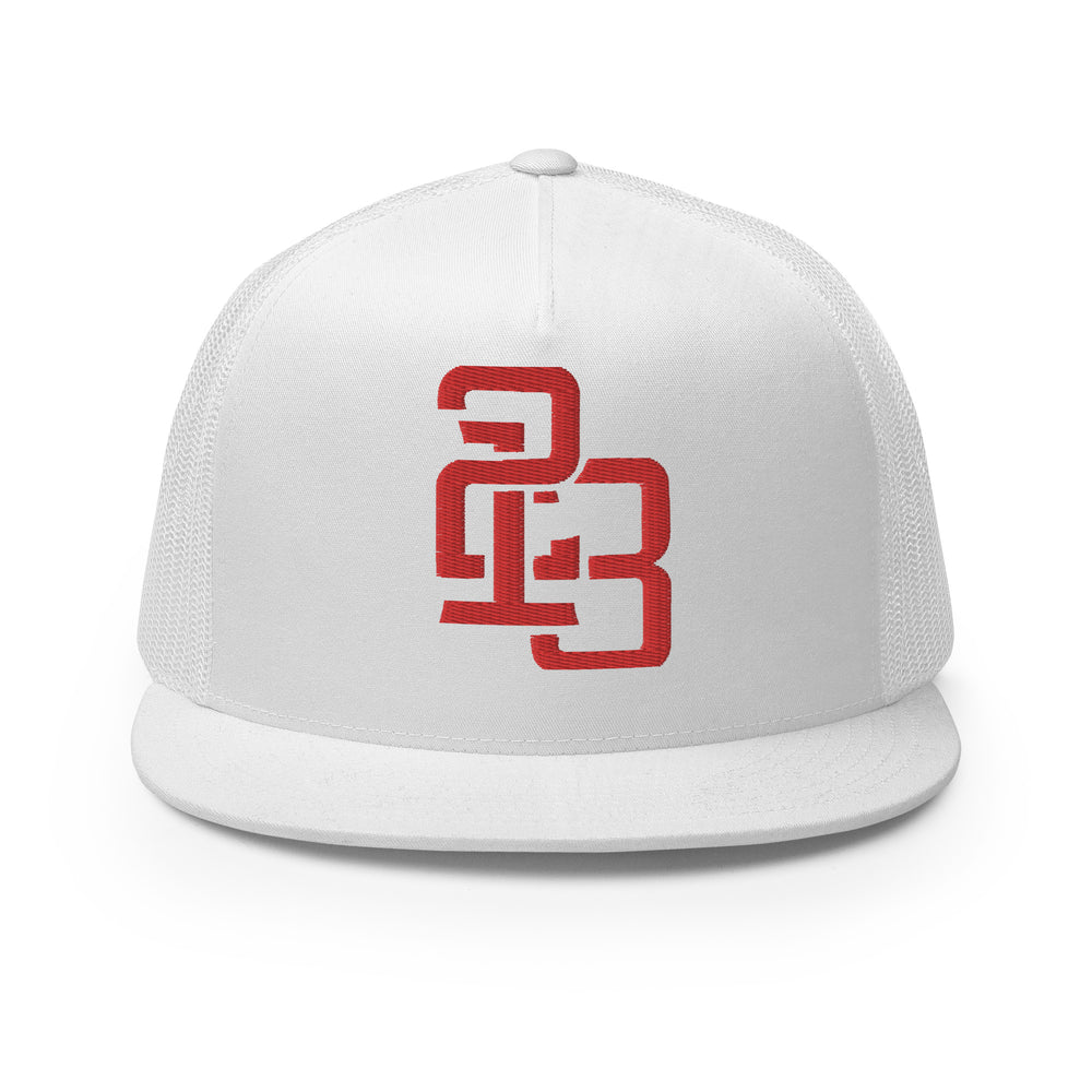 "213" Five Panel Trucker Cap | Yupoong 6006 | E Luna CLASSIC Solocrest 1 Red Thread Front Logo