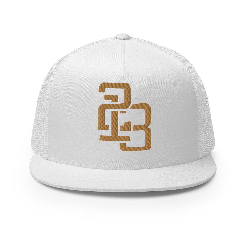 "213" Five Panel Trucker Cap | Yupoong 6006 | E Luna CLASSIC Solocrest 1 Old Gold Thread Front Logo
