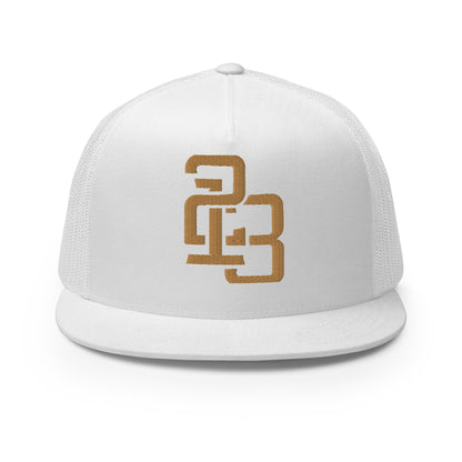"213" Five Panel Trucker Cap | Yupoong 6006 | E Luna CLASSIC Solocrest 1 Old Gold Thread Front Logo