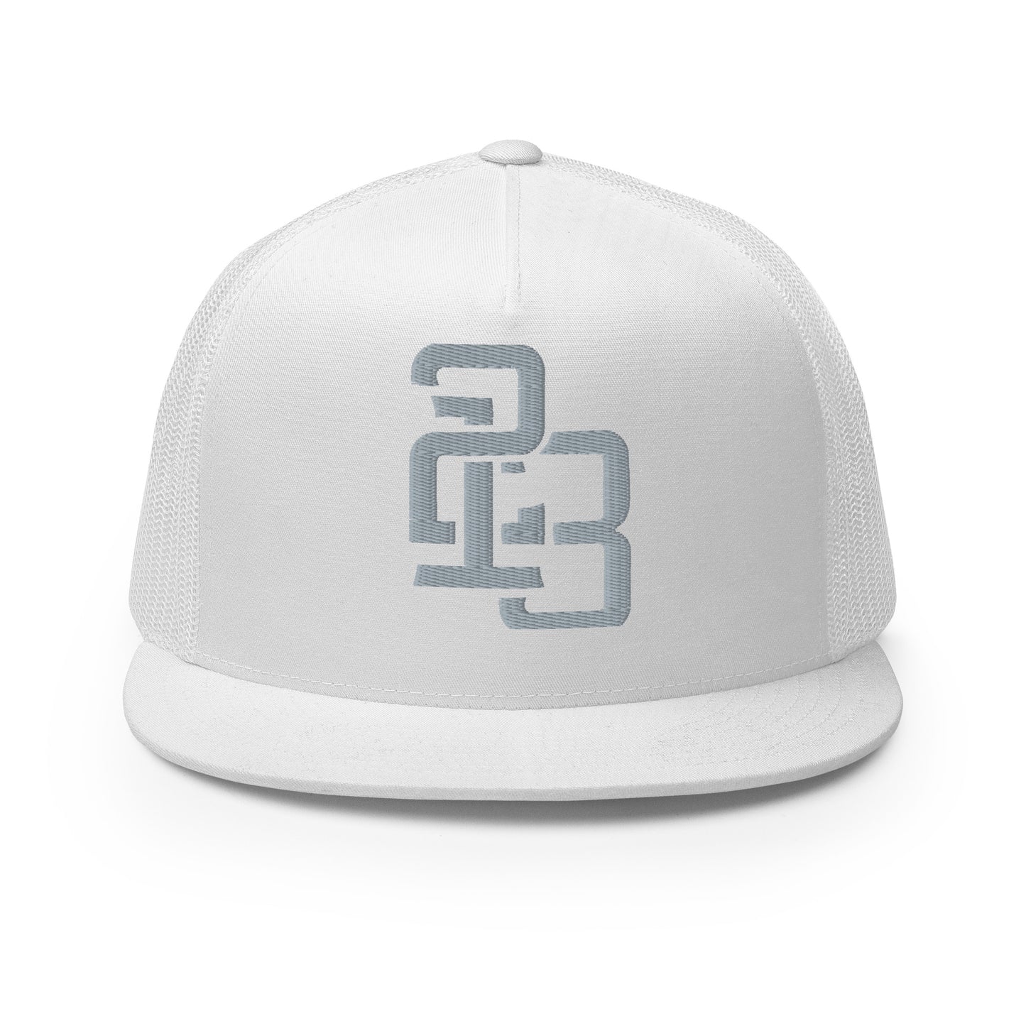 "213" Five Panel Trucker Cap | Yupoong 6006 | E Luna CLASSIC Solocrest 1 Grey Thread Front Logo