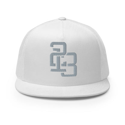 "213" Five Panel Trucker Cap | Yupoong 6006 | E Luna CLASSIC Solocrest 1 Grey Thread Front Logo