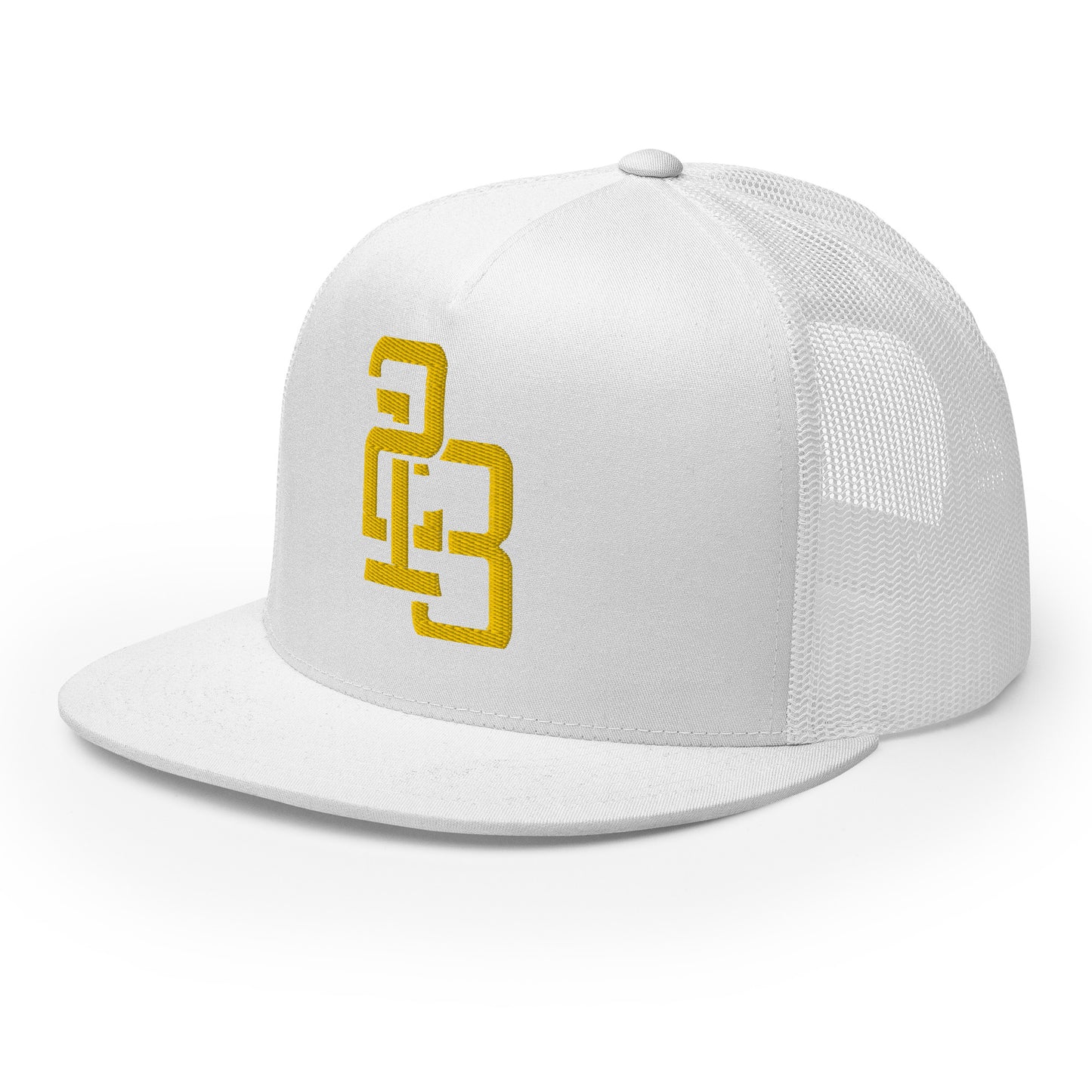 "213" Five Panel Trucker Cap | Yupoong 6006 | E Luna CLASSIC Solocrest 1 Gold Thread Front Logo