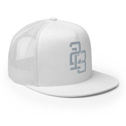"213" Five Panel Trucker Cap | Yupoong 6006 | E Luna CLASSIC Solocrest 1 Grey Thread Front Logo