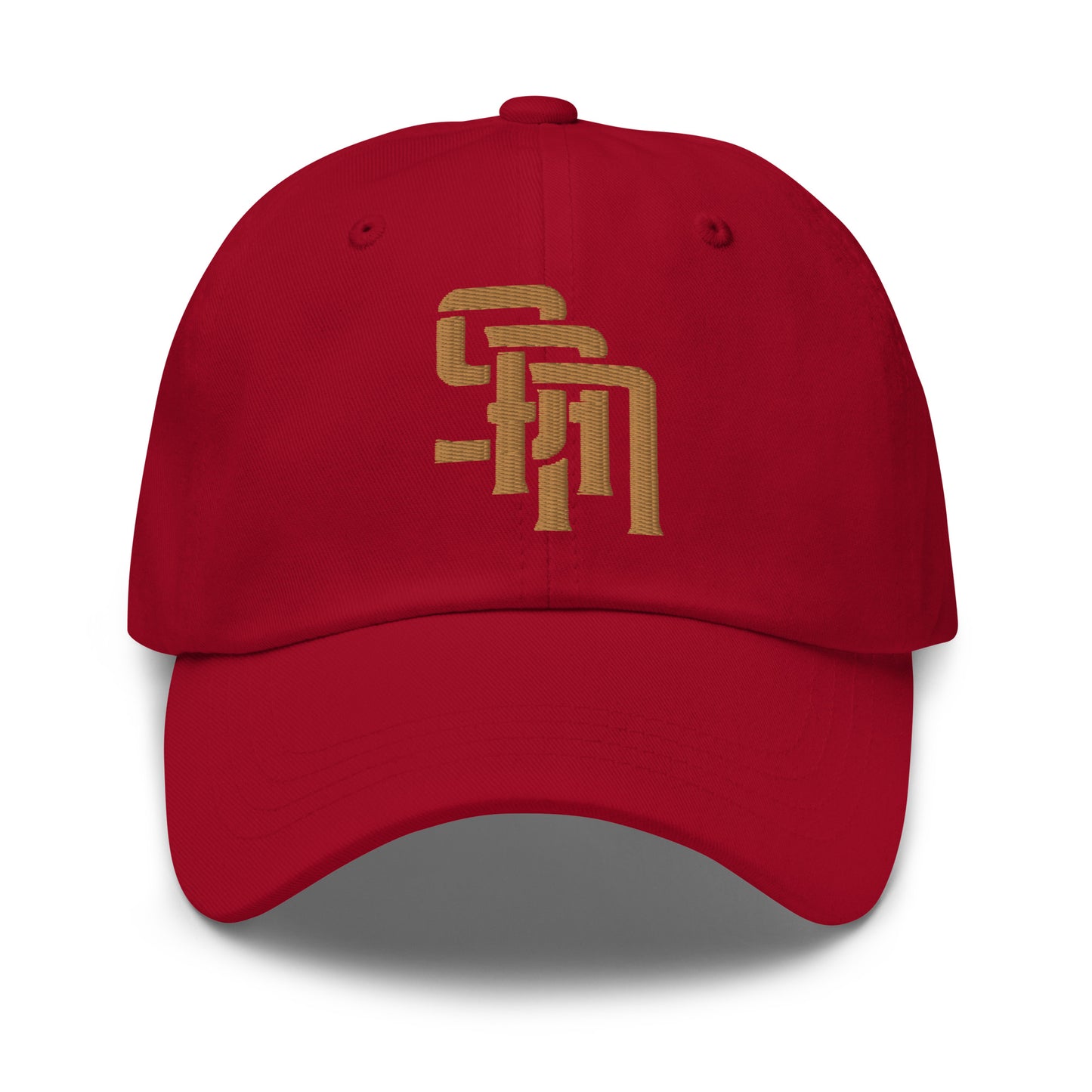 "SAN" Classic Dad Hat | Yupoong 6245CM | E Luna Brand SELECT Tricrest 3 Old Gold Thread Logos: Front, Left & Back [3D Puff Edition]