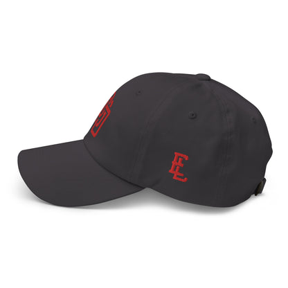 "DGO" Classic Dad Hat | Yupoong 6245CM | E Luna Brand ESSENTIAL Duocrest 2 Red Thread Logos: Front & Left