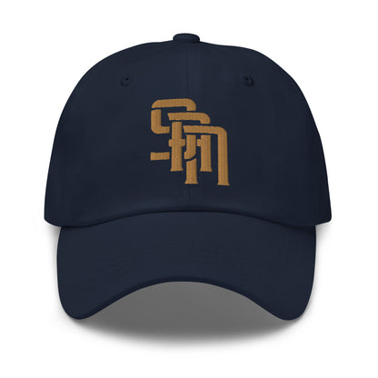"SAN" Classic Dad Hat | Yupoong 6245CM | E Luna Brand SELECT Tricrest 3 Old Gold Thread Logos: Front, Left & Back [3D Puff Edition]