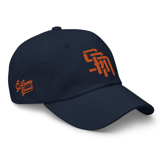 "SAN" Classic Dad Hat | Yupoong 6245CM | E Luna Brand PREMIUM Quadcrest 4 Orange Thread Logos: Front, Left, Right Signature & Back [3D Puff Edition]