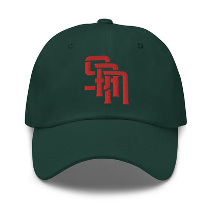 "SAN" Classic Dad Hat | Yupoong 6245CM | E Luna Brand SELECT Tricrest 3 Red Thread Logos: Front, Left & Back [3D Puff Edition]