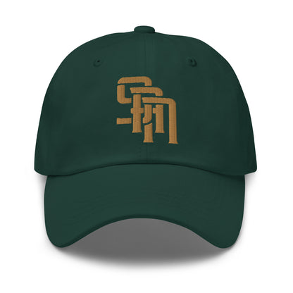 "SAN" Classic Dad Hat | Yupoong 6245CM | E Luna Brand SELECT Tricrest 3 Old Gold Thread Logos: Front, Left & Back [3D Puff Edition]