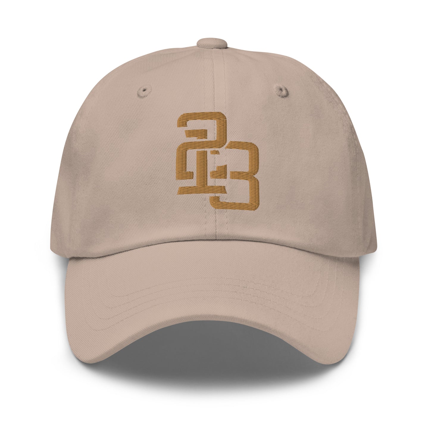 "213" Classic Dad Hat | Yupoong 6245CM | E Luna SELECT Tricrest 3 Old Gold Thread Front, Left Side & Back Logos