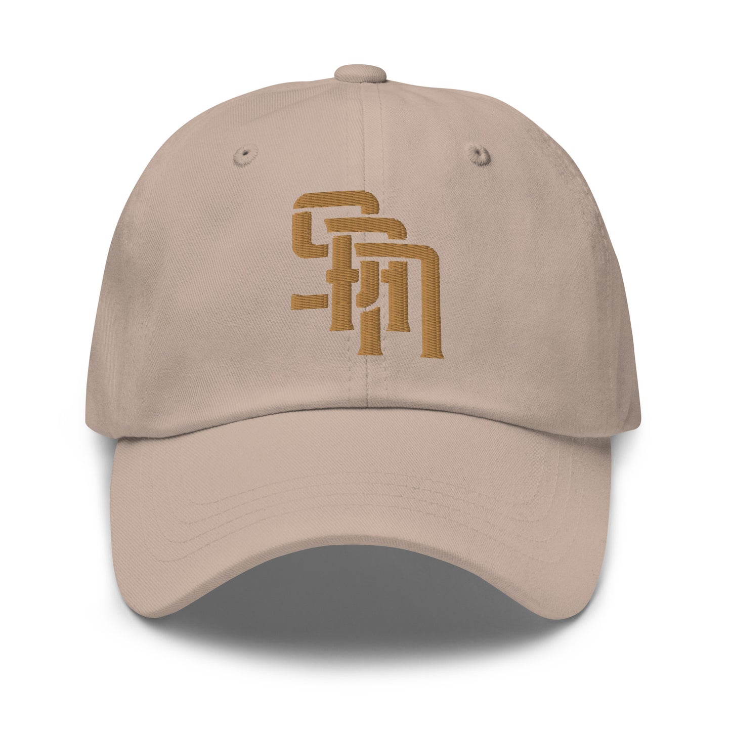 "SAN" Classic Dad Hat | Yupoong 6245CM | E Luna Brand SELECT Tricrest 3 Old Gold Thread Logos: Front, Left & Back [3D Puff Edition]