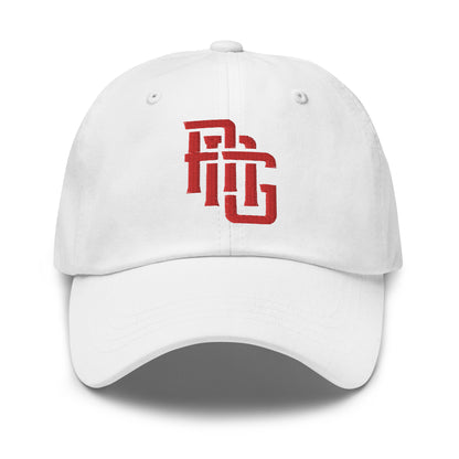 "ANG" Classic Dad Hat | Yupoong 6245CM | E Luna SELECT Tricrest 3 Red Thread Front, Left Side & Back Logos