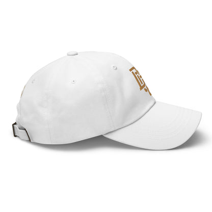 "DGO" Classic Dad Hat | Yupoong 6245CM | E Luna SELECT Tricrest 3 Old Gold Thread Front, Left Side & Back Logos