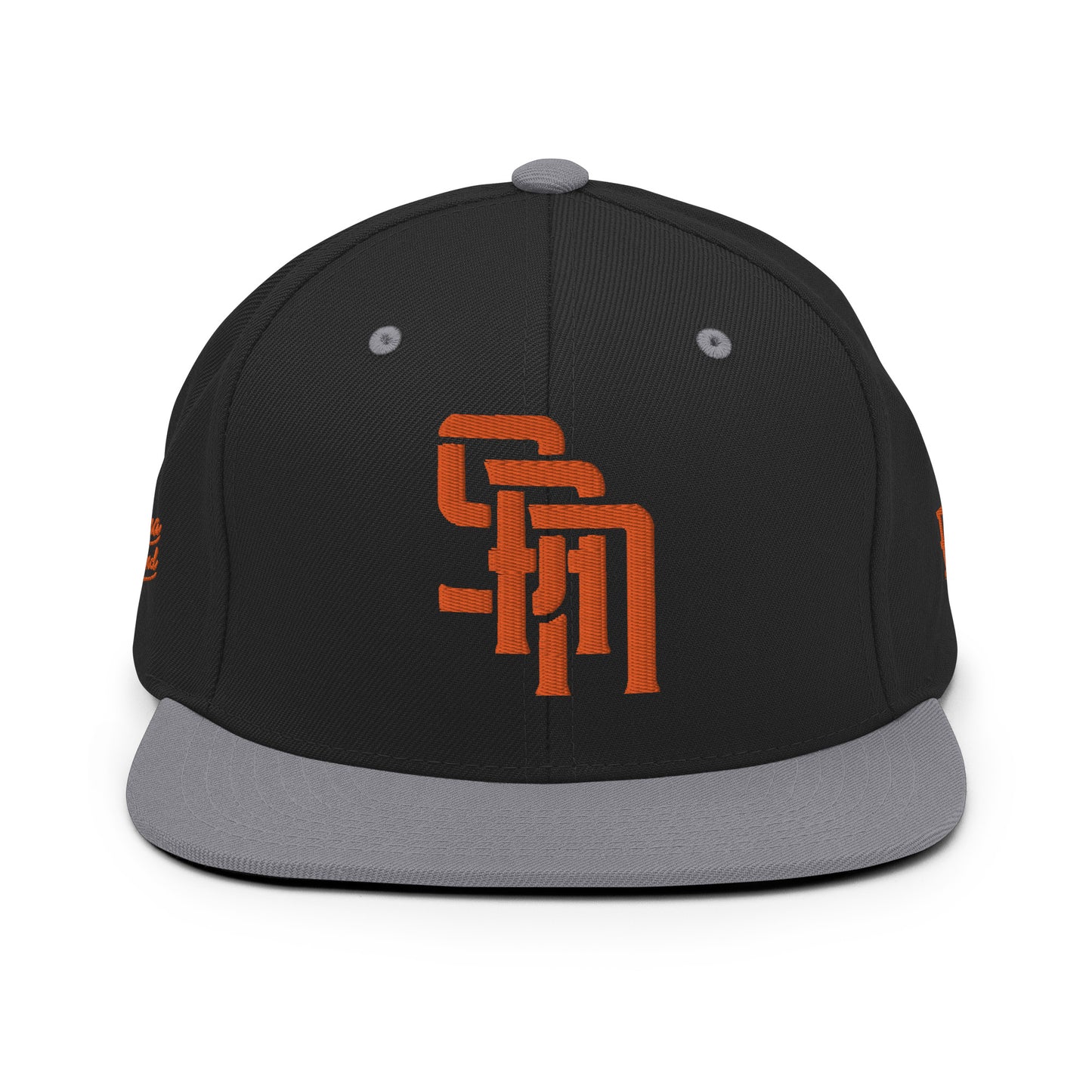 "SAN" Wool Blend Snapback Hat | Yupoong 6089M | E Luna Brand PREMIUM Quadcrest 4 Orange Thread Logos: Front, Left, Right Signature & Back [3D Puff Edition]