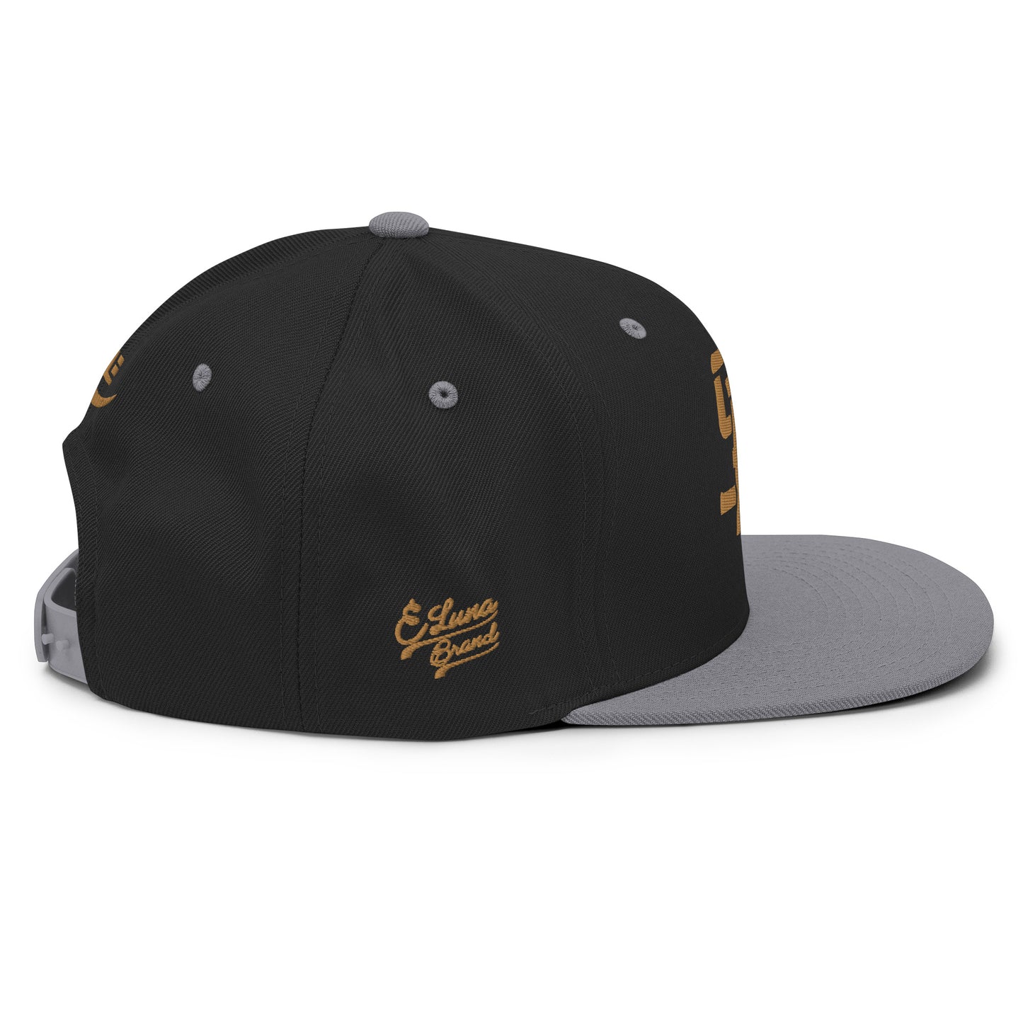 "SAN" Wool Blend Snapback Hat | Yupoong 6089M | E Luna Brand PREMIUM Quadcrest 4 Old Gold Thread Logos: Front, Left, Right Signature & Back [3D Puff Edition]