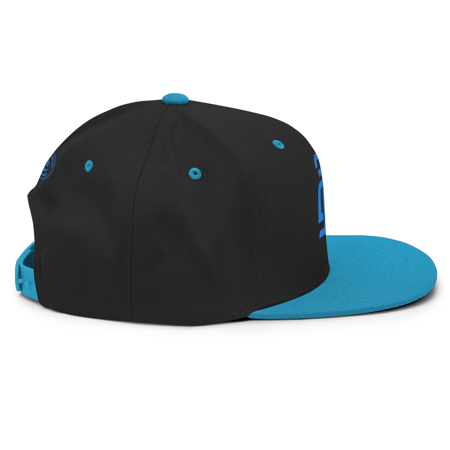 "213" Wool Blend Snapback Hat | Yupoong 6089M | E Luna SELECT Tricrest 3 Aqua/Teal Thread Front, Left Side & Back Logos