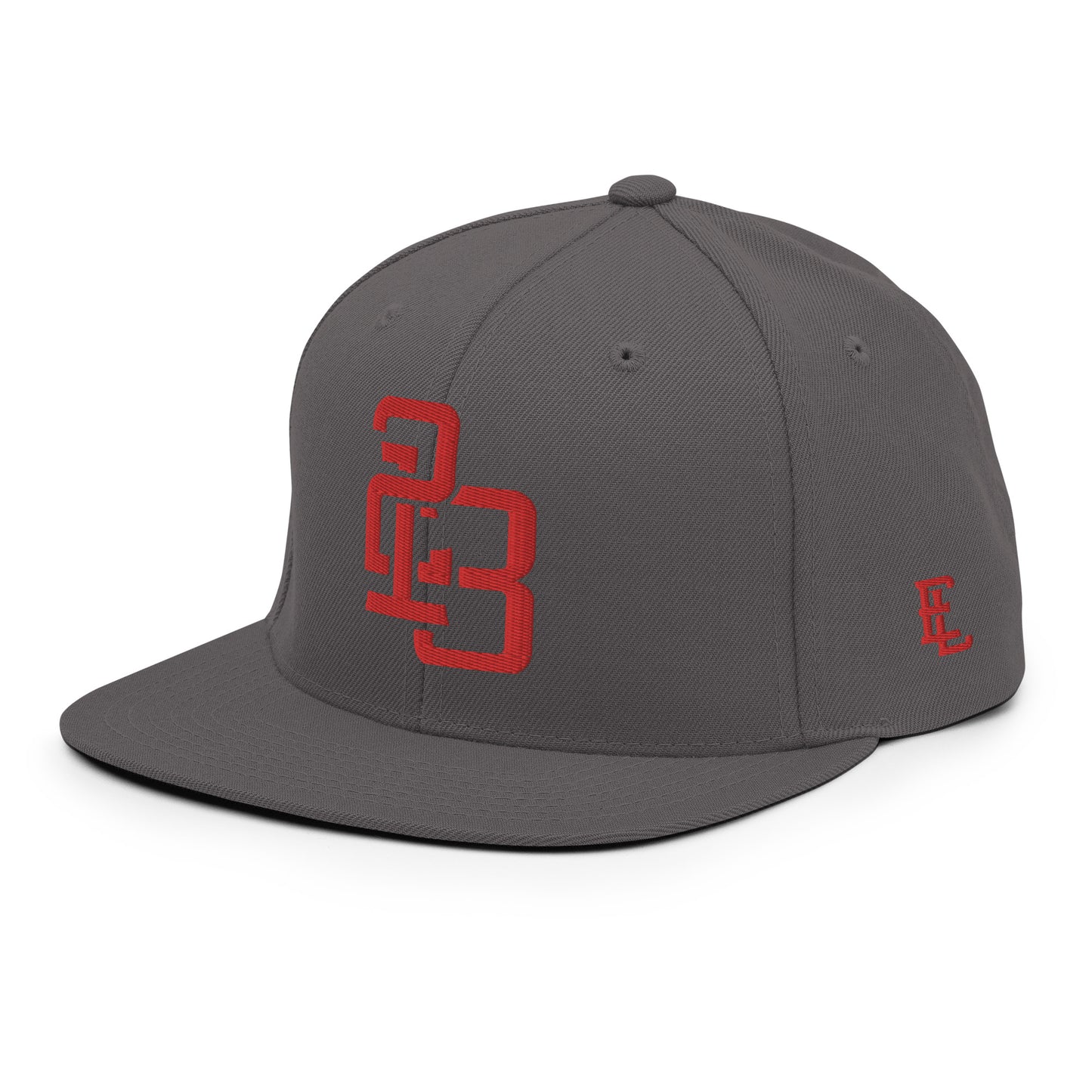"213" Wool Blend Snapback Hat | Yupoong 6089M | E Luna ESSENTIAL Duocrest 2 Red Thread Front & Left Side Logos