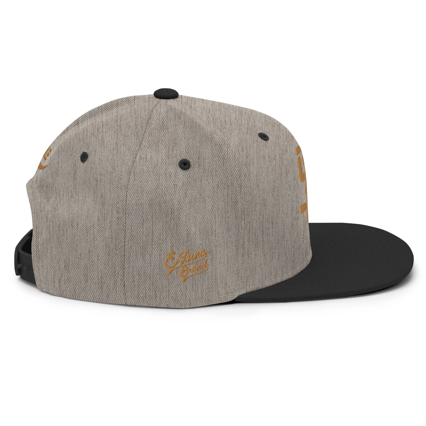 "SAN" Wool Blend Snapback Hat | Yupoong 6089M | E Luna Brand PREMIUM Quadcrest 4 Old Gold Thread Logos: Front, Left, Right Signature & Back [3D Puff Edition]