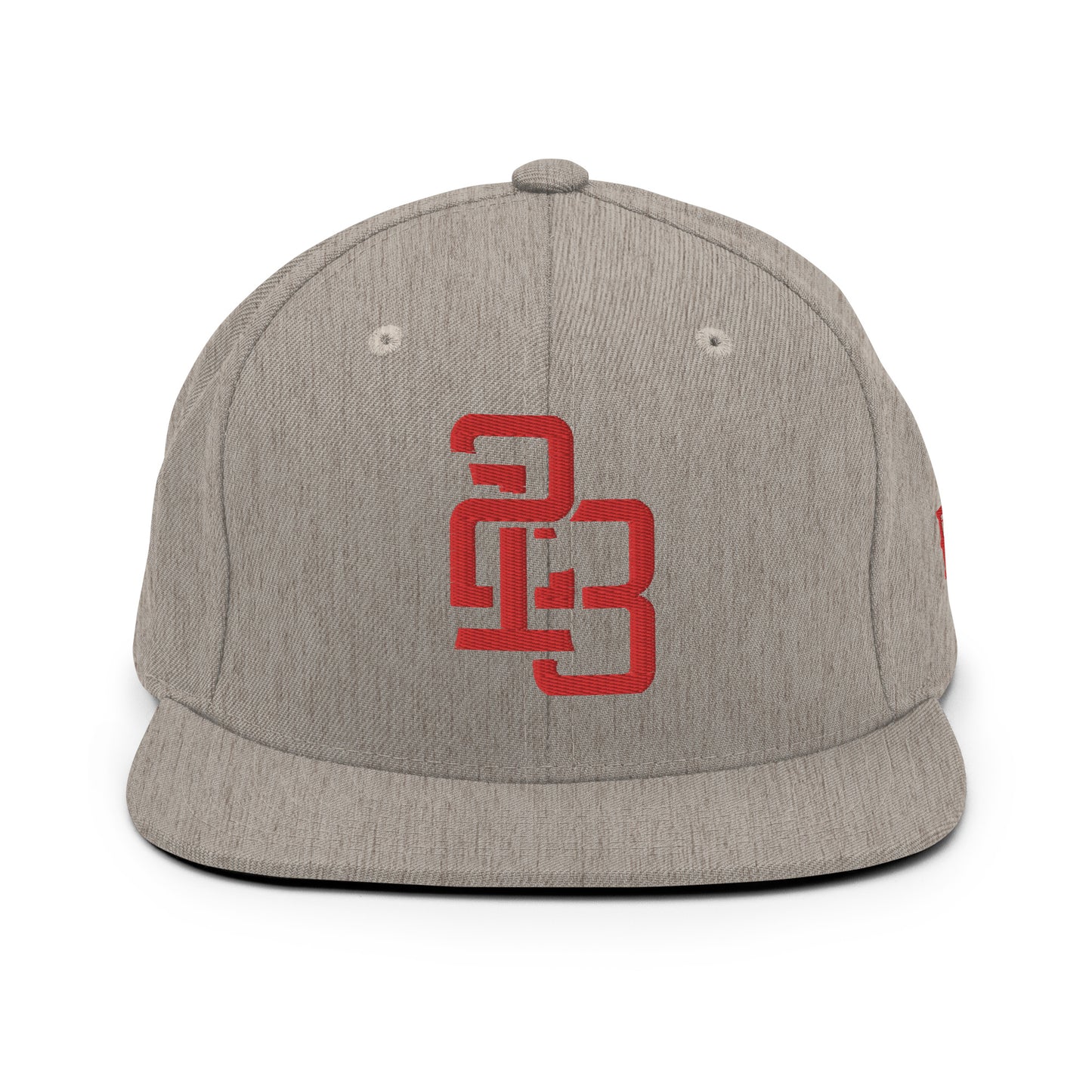 "213" Wool Blend Snapback Hat | Yupoong 6089M | E Luna ESSENTIAL Duocrest 2 Red Thread Front & Left Side Logos