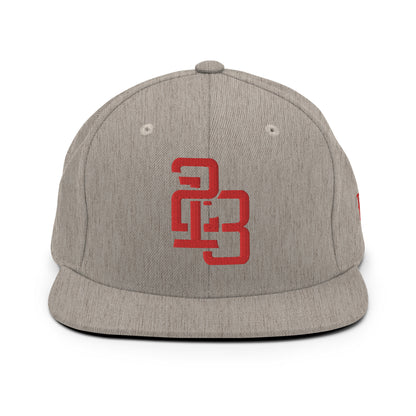 "213" Wool Blend Snapback Hat | Yupoong 6089M | E Luna ESSENTIAL Duocrest 2 Red Thread Front & Left Side Logos