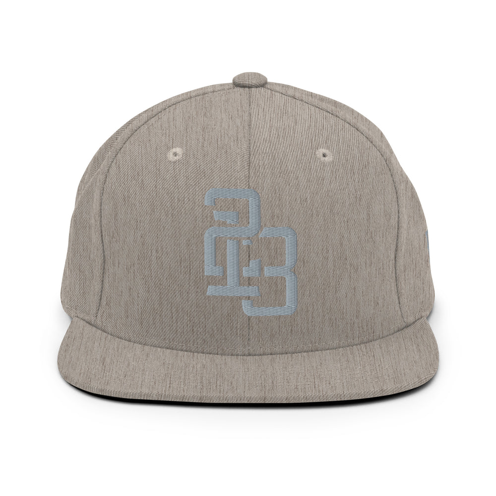 "213" Wool Blend Snapback Hat | Yupoong 6089M | E Luna SELECT Tricrest 3 Grey Thread Front, Left Side & Back Logos