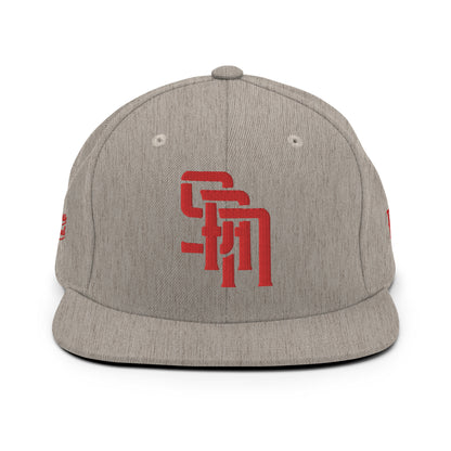 "SAN" Wool Blend Snapback Hat | Yupoong 6089M | E Luna Brand PREMIUM Quadcrest 4 Red Thread Logos: Front, Left, Right Signature & Back [3D Puff Edition]