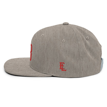 "213" Wool Blend Snapback Hat | Yupoong 6089M | E Luna ESSENTIAL Duocrest 2 Red Thread Front & Left Side Logos