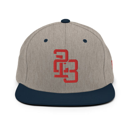 "213" Wool Blend Snapback Hat | Yupoong 6089M | E Luna ESSENTIAL Duocrest 2 Red Thread Front & Left Side Logos