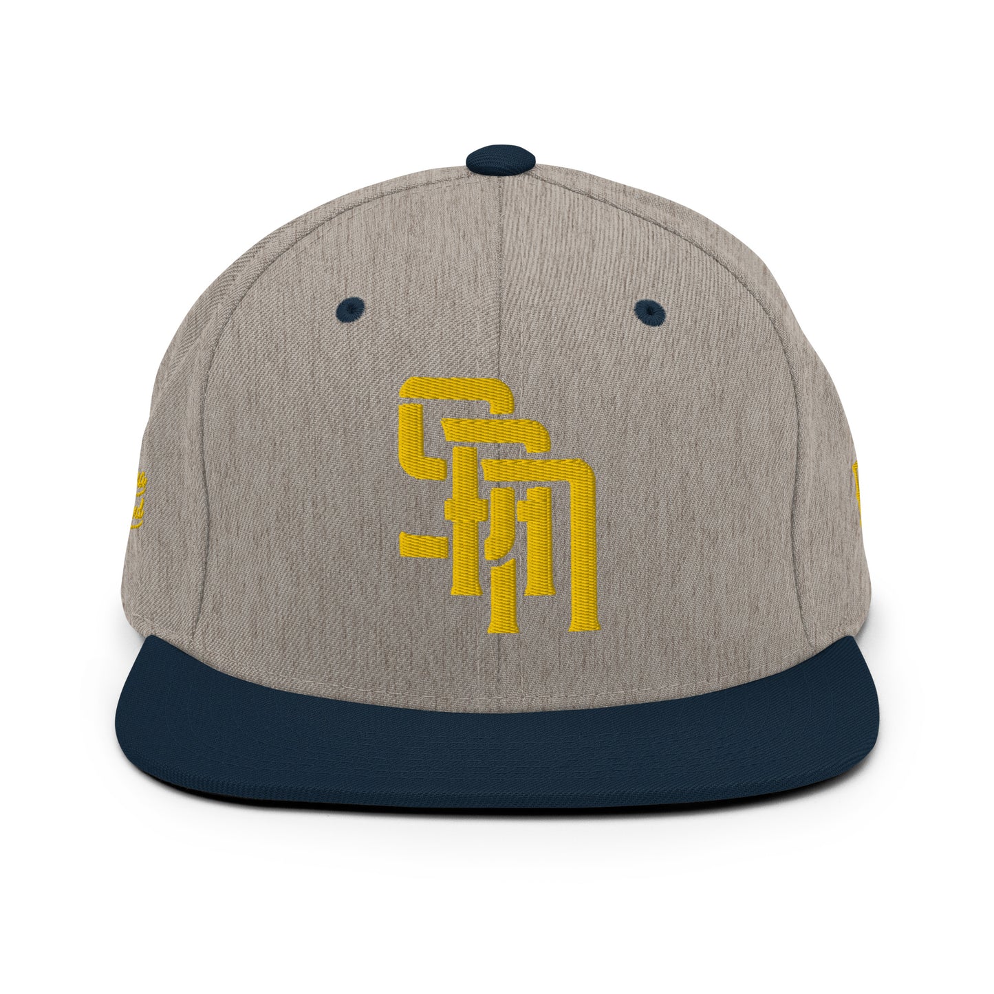 "SAN" Wool Blend Snapback Hat | Yupoong 6089M | E Luna Brand PREMIUM Quadcrest 4 Gold Thread Logos: Front, Left, Right Signature & Back [3D Puff Edition]