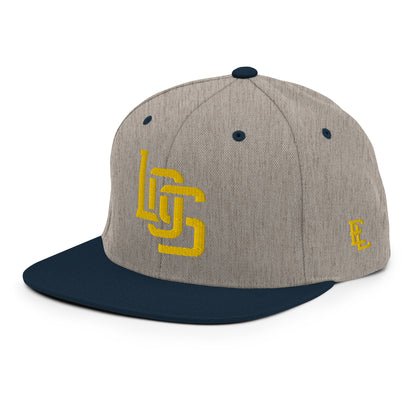 "LOS" Wool Blend Snapback Hat | Yupoong 6089M | E Luna SELECT Tricrest 3 Gold Thread Front, Left Side & Back Logos