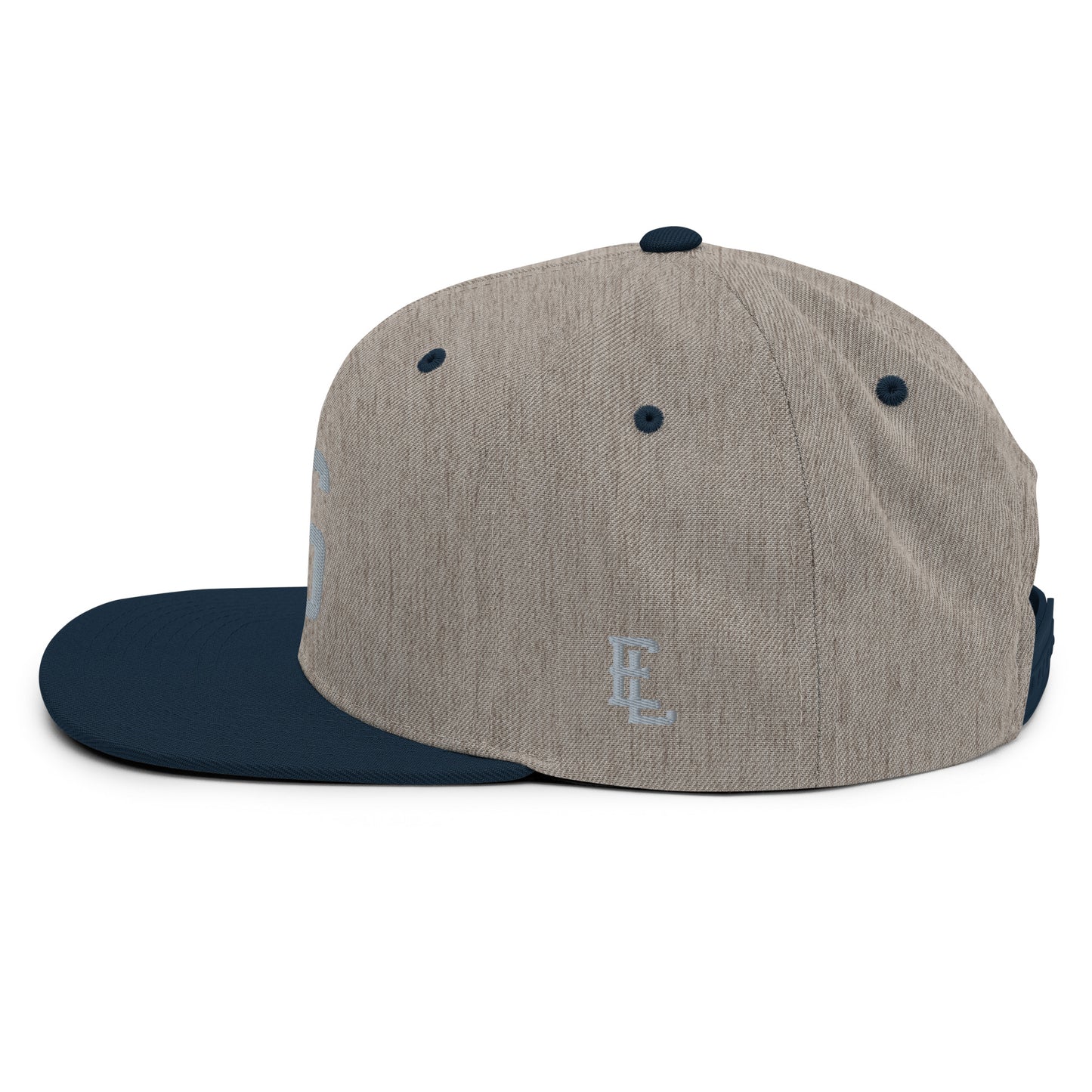 "LOS" Wool Blend Snapback Hat | Yupoong 6089M | E Luna ESSENTIAL Duocrest 2 Grey Thread Front & Left Side Logos