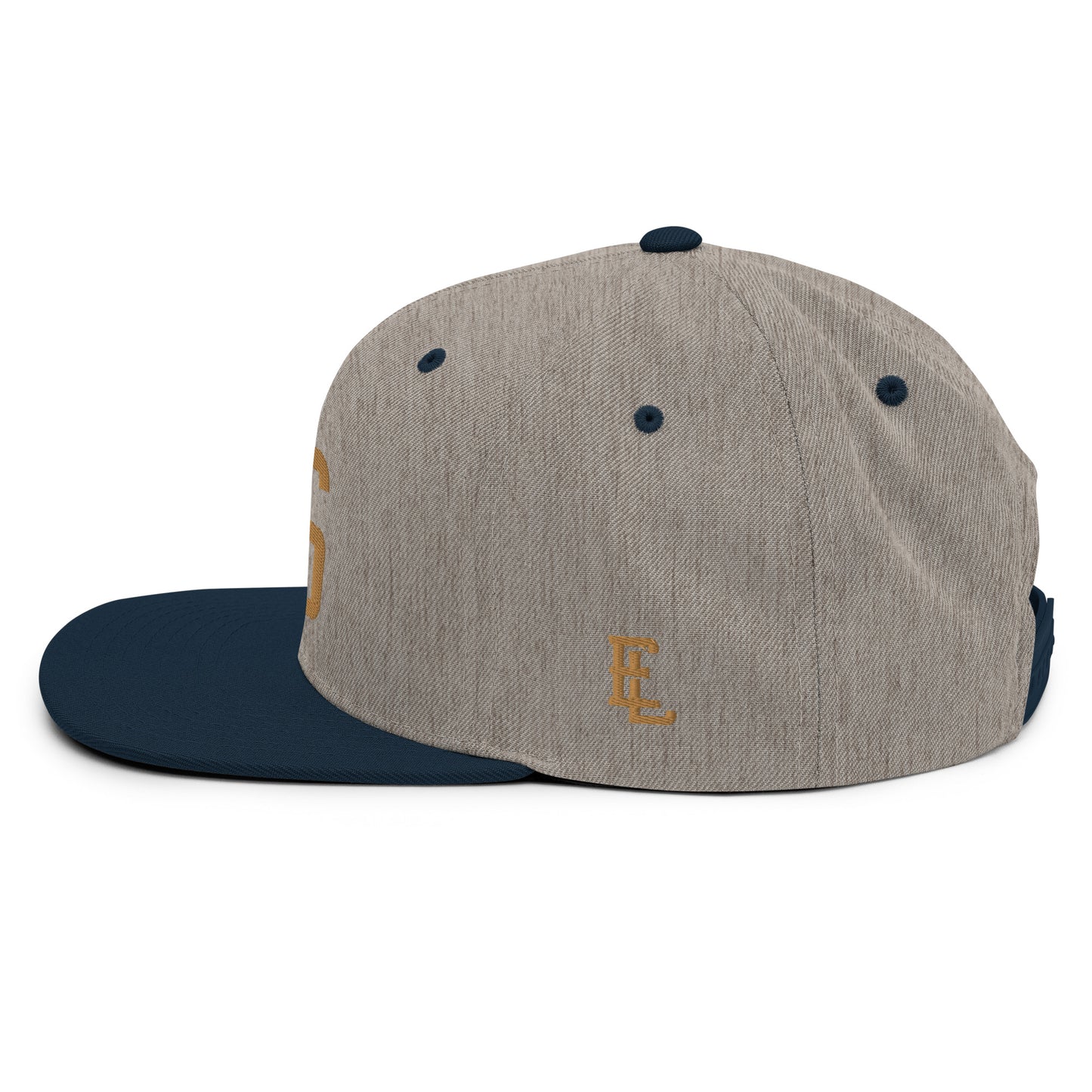 "LOS" Wool Blend Snapback Hat | Yupoong 6089M | E Luna ESSENTIAL Duocrest 2 Old Gold Thread Front & Left Side Logos