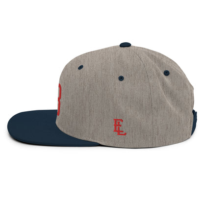 "213" Wool Blend Snapback Hat | Yupoong 6089M | E Luna ESSENTIAL Duocrest 2 Red Thread Front & Left Side Logos