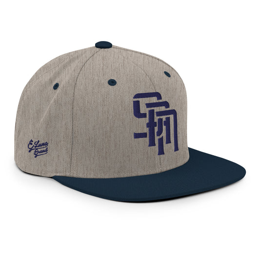 "SAN" Wool Blend Snapback Hat | Yupoong 6089M | E Luna Brand PREMIUM Quadcrest 4 Navy Thread Logos: Front, Left, Right Signature & Back [3D Puff Edition]