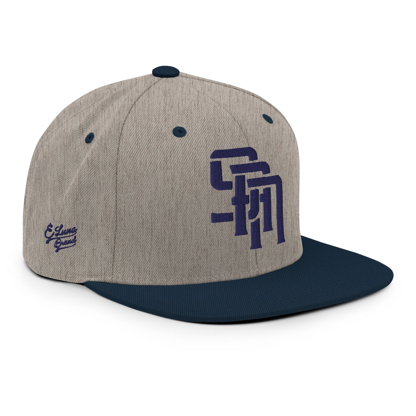 "SAN" Wool Blend Snapback Hat | Yupoong 6089M | E Luna Brand PREMIUM Quadcrest 4 Navy Thread Logos: Front, Left, Right Signature & Back [3D Puff Edition]