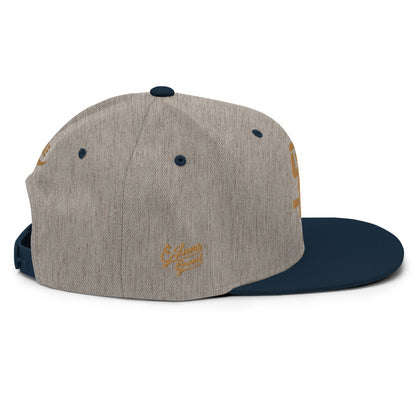 "SAN" Wool Blend Snapback Hat | Yupoong 6089M | E Luna Brand PREMIUM Quadcrest 4 Old Gold Thread Logos: Front, Left, Right Signature & Back [3D Puff Edition]