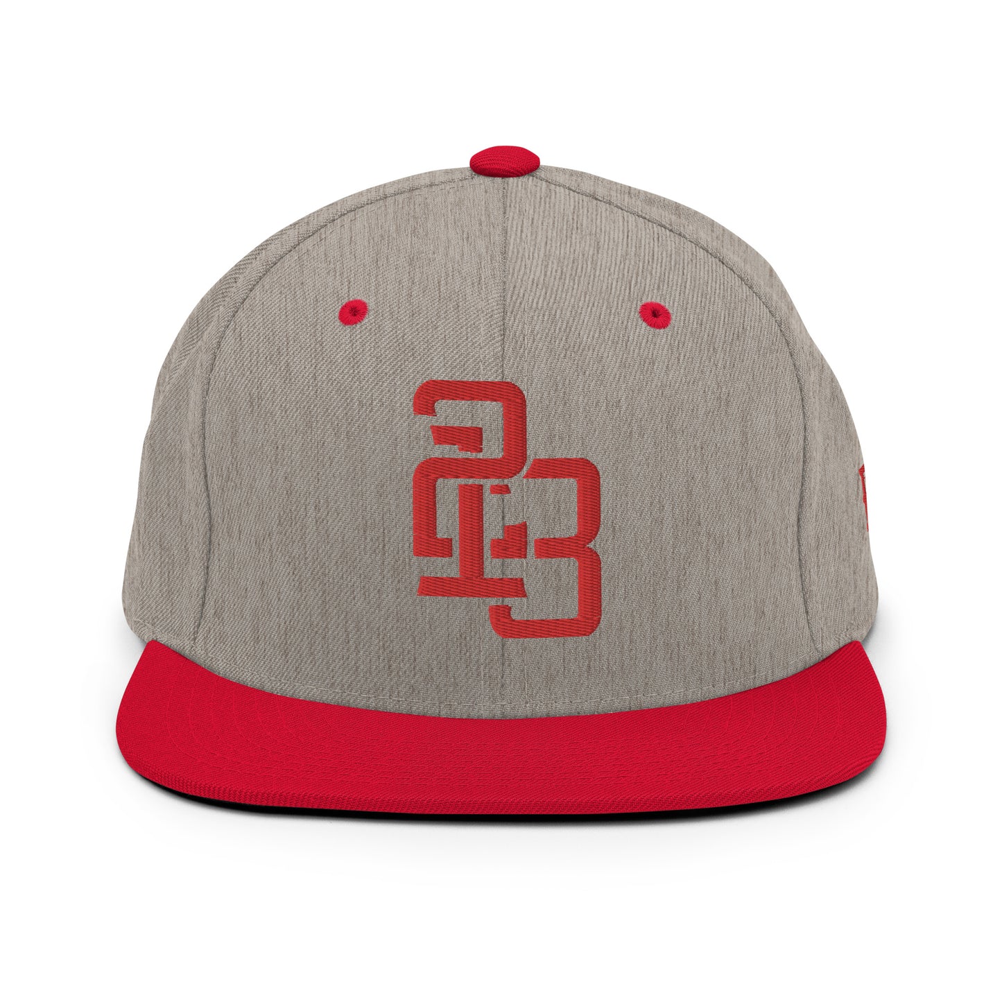 "213" Wool Blend Snapback Hat | Yupoong 6089M | E Luna ESSENTIAL Duocrest 2 Red Thread Front & Left Side Logos