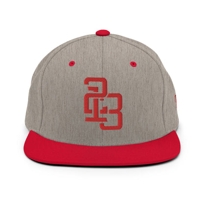 "213" Wool Blend Snapback Hat | Yupoong 6089M | E Luna ESSENTIAL Duocrest 2 Red Thread Front & Left Side Logos