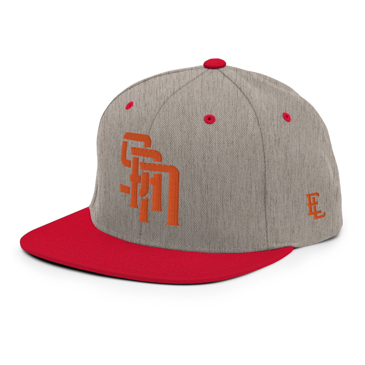 "SAN" Wool Blend Snapback Hat | Yupoong 6089M | E Luna Brand PREMIUM Quadcrest 4 Orange Thread Logos: Front, Left, Right Signature & Back [3D Puff Edition]