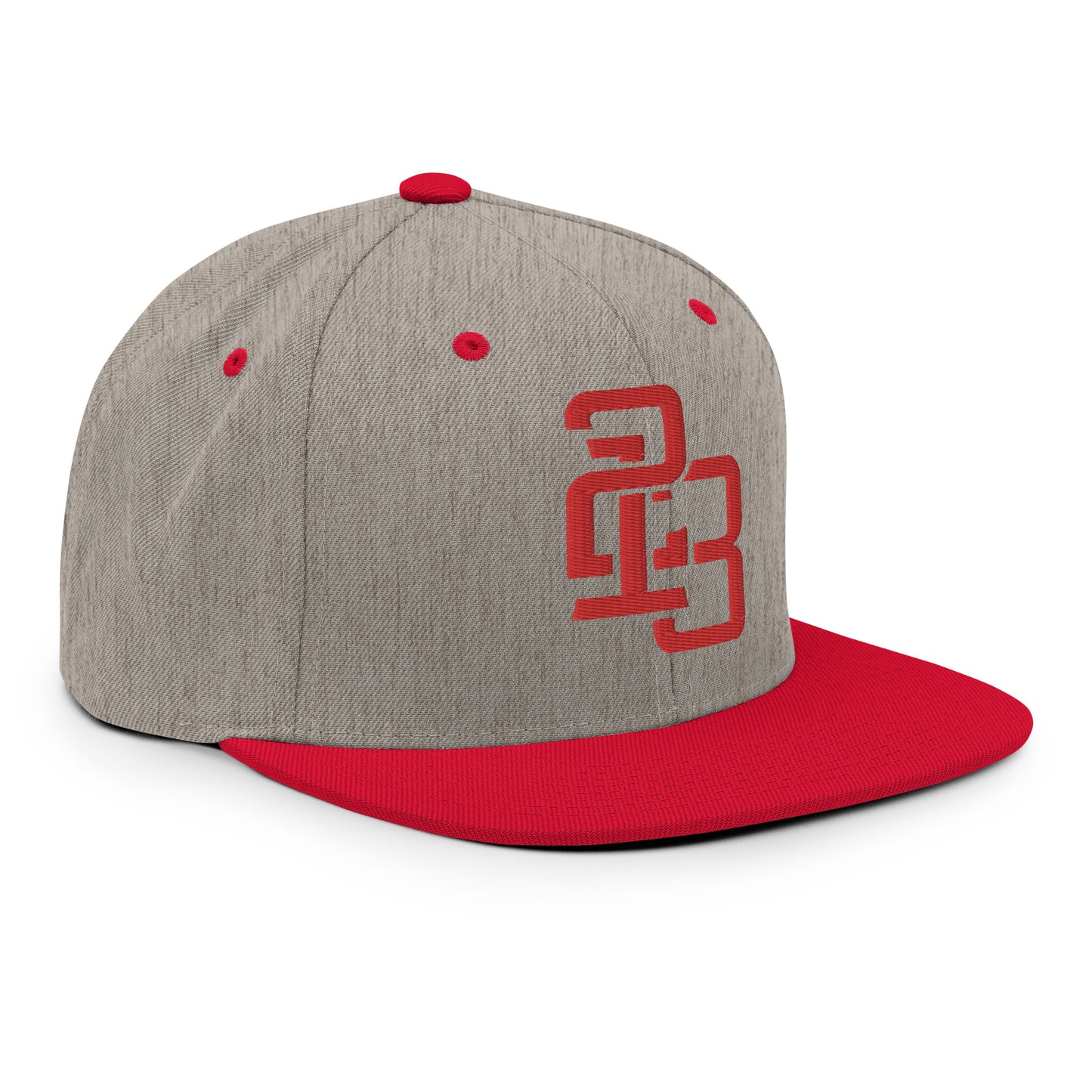 "213" Wool Blend Snapback Hat | Yupoong 6089M | E Luna ESSENTIAL Duocrest 2 Red Thread Front & Left Side Logos