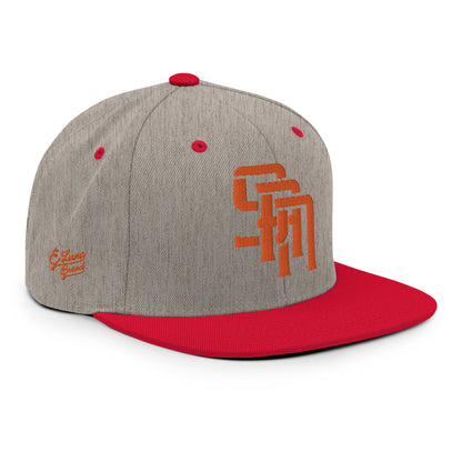 "SAN" Wool Blend Snapback Hat | Yupoong 6089M | E Luna Brand PREMIUM Quadcrest 4 Orange Thread Logos: Front, Left, Right Signature & Back [3D Puff Edition]