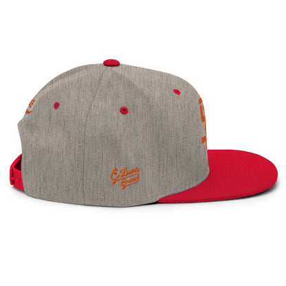 "SAN" Wool Blend Snapback Hat | Yupoong 6089M | E Luna Brand PREMIUM Quadcrest 4 Orange Thread Logos: Front, Left, Right Signature & Back [3D Puff Edition]