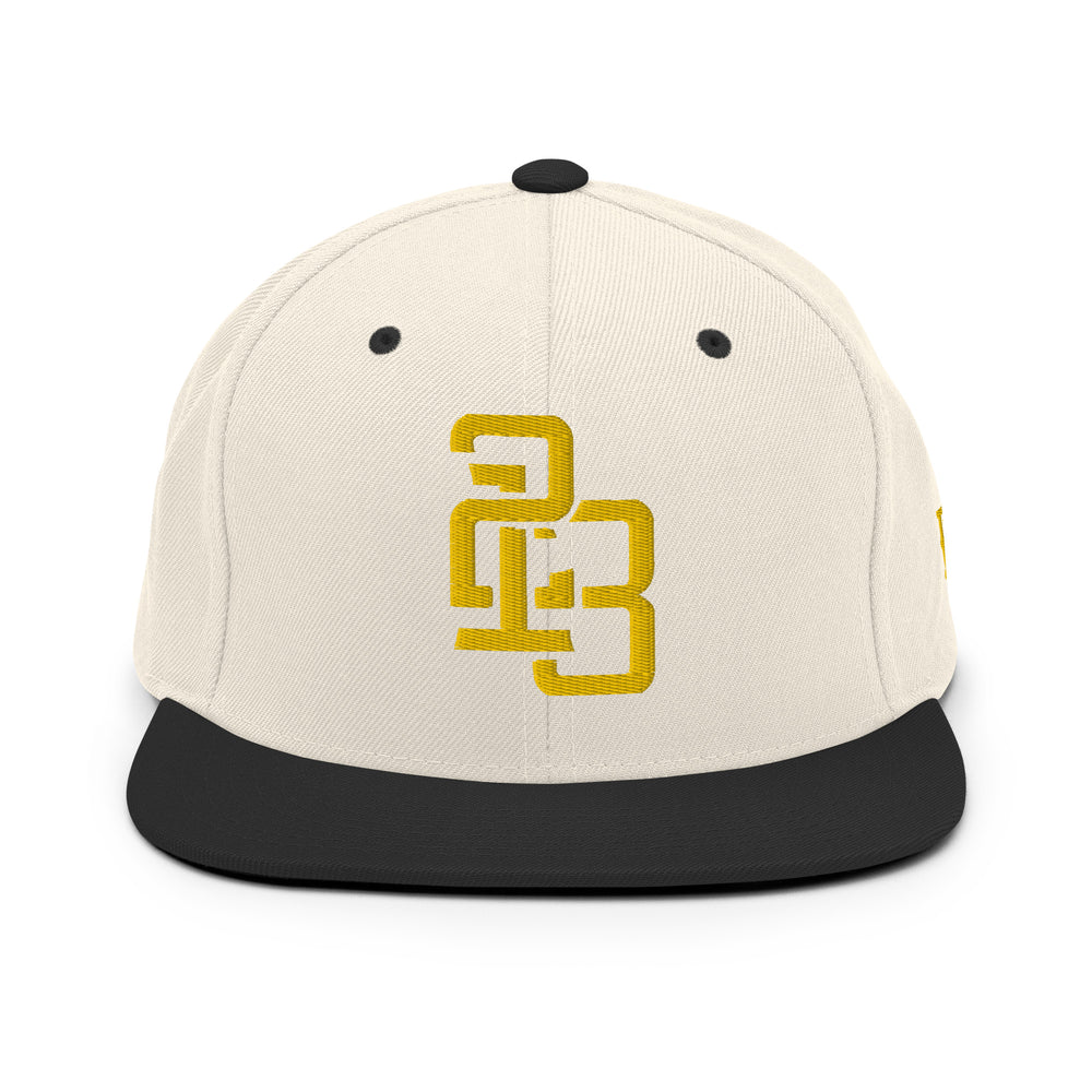 "213" Wool Blend Snapback Hat | Yupoong 6089M | E Luna ESSENTIAL Duocrest 2 Gold Thread Front & Left Side Logos